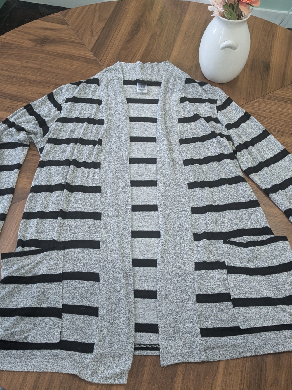 Open-Front Gray and Black Striped Cardigan